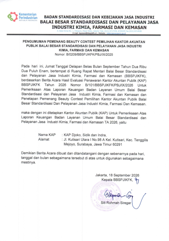PENGUMUMAN  PEMENANG BEAUTY CONTEST PEMILIHAN KANTOR AKUNTAN PUBLIK BBSPJIKFK